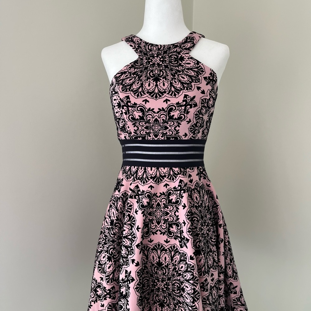 City Studio Pink and Black Halter Fit and Flare Mini Dress